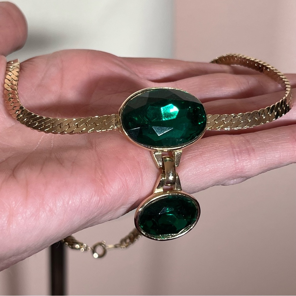 Vintage Flat gold Chain oversized emerald cut green foil back crystal Necklace